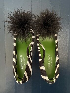kate spade zebra print jacquard pumps with black marabou feather pompon